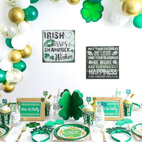 2 Pieces St Patrick's Day Decorations Shamrock Wood Blessing Box Signs Irish Table Decor Wood Block Plaque (7×7 inch, Green 2PCS) in Kuwait