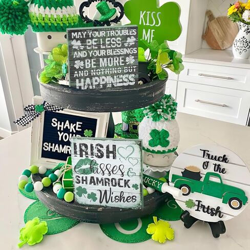 2 Pieces St Patrick's Day Decorations Shamrock Wood Blessing Box Signs Irish Table Decor Wood Block Plaque (7×7 inch, Green 2PCS) in Kuwait