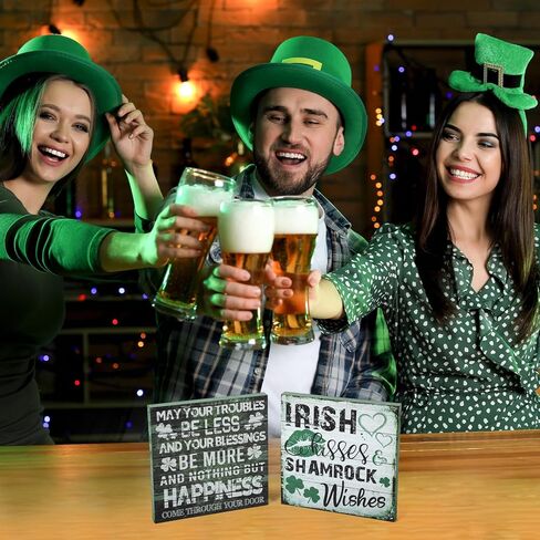 2 Pieces St Patrick's Day Decorations Shamrock Wood Blessing Box Signs Irish Table Decor Wood Block Plaque (7×7 inch, Green 2PCS) in Kuwait