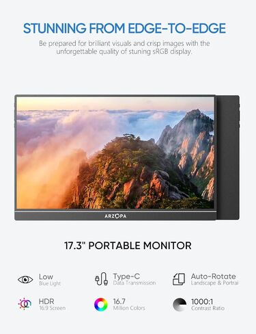 ARZOPA 17.3" Portable Monitor, 1080P FHD 100% sRGB IPS Laptop Monitor with Built-in Kickstand HDMI USB C External Screen for PC Mac Phone Xbox Switch PS5 -A1M in Saudi Arabia