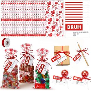 AmazingSpark 200 Pcs Valentine's Day Cellophane Treat Bags and 200 Bruh Gift Tags Funny Tween Valentines Bruh Cards Red Heart Plastic Gifts Bags and Ribbon for Brother School Classroom Exchange Gifts in Saudi Arabia