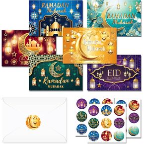 24 حزمة من بطاقات تهنئة رمضان مبارك وعيد مبارك مع مغلفات وملصقات - 6 أنماط من بطاقات المهرجانات الإسلامية لتقديم هدايا عيد الفطر، هدايا الحفلات الإسلامية، احتفال رمضان، 7.9x5.9 بوصة in Kuwait