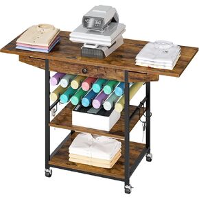 HOOBRO 3 Tier Movable Heat Press Table, Foldable Heat Transfer Stand with Vinyl Roll Holder and Drawer, Heavy Duty Rolling Craft Table, Mobile Workbench Cart for DIY Sublimation, Rustic Brown BF84CJ01 in Saudi Arabia