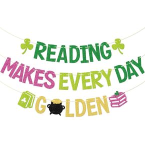 لافتة مكتبة عيد القديس باتريك - ديكور الفصل الدراسي لقراءة شهر مارس - ديكورات لوحة إعلانات عيد القديس باتريك - القراءة تجعل كل يوم لافتة ذهبية (مربوطة مسبقًا) in Kuwait