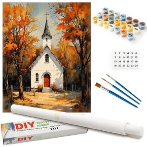 Countryside Church Paint by Numbers Kit for Adults - DIY White Chapel with Red Door in Autumn Forest Painting on Canvas 16x20 Inches, Acrylic Paint Set for Beginners, Art for Home Decoration or Gifts in Kuwait