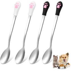 4 Pcs Stainless Steel Dog Cat Spoon Cat Claw Spoon for Wet Food Long Handle Cats Food Scoop Cute Pet Can Spoons Pet Feeder Spoons for Dog and Cats Foods Can (White and Black) in Kuwait