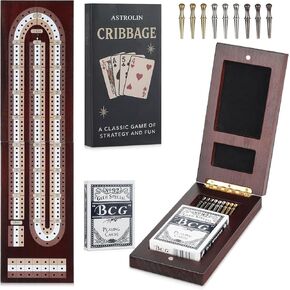 Cribbage Board Game Set, Premium Wooden Board with Magnetic Lock and Built-in Storage, Deck of Cards & 9 Metal Pegs, Fun 2–3 Player Travel Game for Adults and Family in Saudi Arabia
