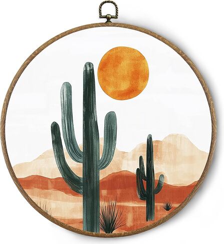 BitKAM Boho Western Round Wall Art Decor, Vintage Southwestern Mountain Cactus Desert Landscape Canvas Prints Framed, Western Boho Wall Hanging Decorations for Home Bedroom Office, 10x10 Inch Wall Sculptures in Saudi Arabia