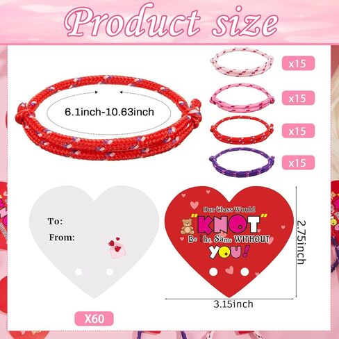 60 Packs Valentine Knot Bracelets with Card Neon Friendship Bracelet from Teacher Gift Our Class Would Knot Be the Same Without You Heart Shaped Cards for Valentine Exchange Gifts Party Favor in Saudi Arabia