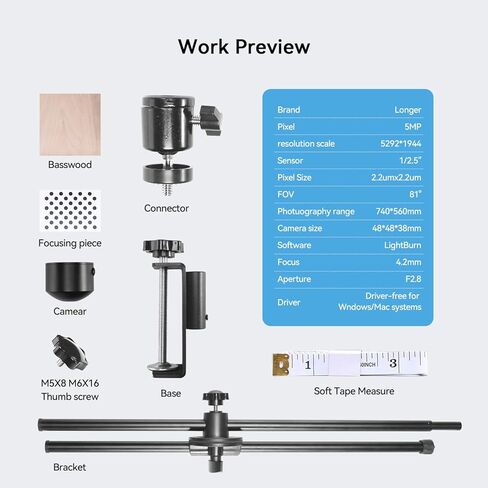 LONGER 5MP Time- Digital Camera with Precise Positioning, LightBurn Camera Kit for Laser Engravers Multi-Task Engraving, and Preview Support for LightBurn in Saudi Arabia