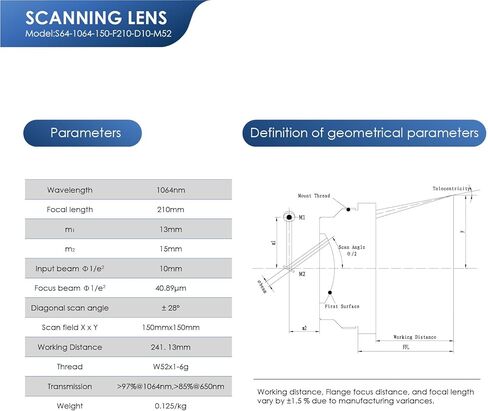 عدسة Monport F-Theta M52، مناسبة لآلات وضع العلامات بالليزر الليفية Monport مقاس 1064 نانومتر، منطقة العمل 5.9 بوصة × 5.9 بوصة (150 × 150 مم)، استبدال عدسة مجال ليزر الألياف in Kuwait