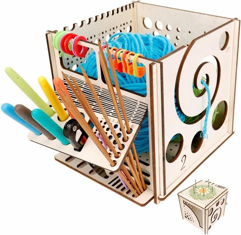 حامل غزل خشبي متعدد الوظائف للكروشيه، وعاء الحياكة مع فتحات للصناعة اليدوية، مقص مستلزمات الكروشيه وصندوق أدوات تنظيم تخزين الغزل، قطعة واحدة in Kuwait