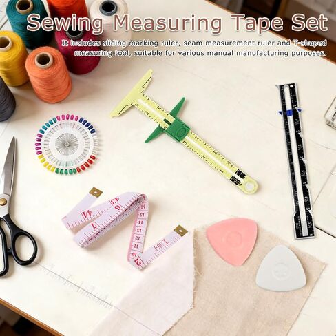 Sewing Gauge Measuring Tool Set, 5-in-1 Sliding Marker & Seam Gauge Ruler, Fabric Quilting Tool with 2 Pcs Measuring Tapes for Quilting, Knitting, Crafting, Button Hole Marking, Hem Guide (​7 Pieces)​ in Kuwait