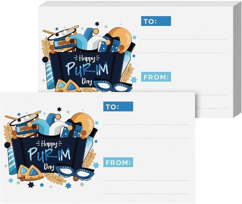 Happy Purim Blank Gift Tags, 3.5" x 2" To From Jewish Holiday Religious Complimentary Greeting Note Cards for Gifts and Presents Wrapping – Business Card Size, Thick and Durable – 25 per Pack (Blue) in Saudi Arabia
