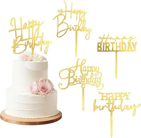 أغطية كعكة عيد ميلاد سعيد ذهبية، 5 قطع من أغطية الكب كيك الأكريليك، زينة كعكة عيد ميلاد سعيد للفتيات والكبار in Kuwait