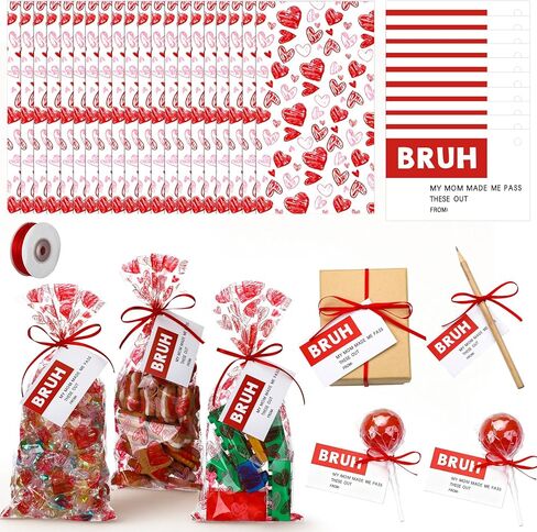 AmazingSpark 200 Pcs Valentine's Day Cellophane Treat Bags and 200 Bruh Gift Tags Funny Tween Valentines Bruh Cards Red Heart Plastic Gifts Bags and Ribbon for Brother School Classroom Exchange Gifts in Saudi Arabia