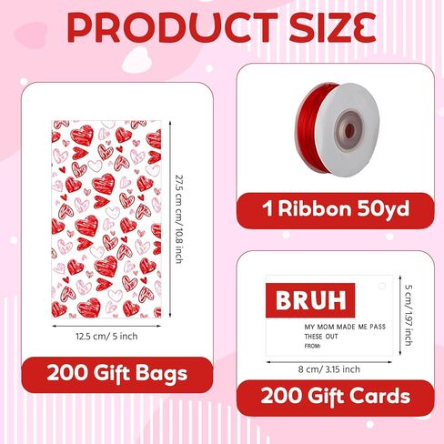 AmazingSpark 200 Pcs Valentine's Day Cellophane Treat Bags and 200 Bruh Gift Tags Funny Tween Valentines Bruh Cards Red Heart Plastic Gifts Bags and Ribbon for Brother School Classroom Exchange Gifts in Saudi Arabia