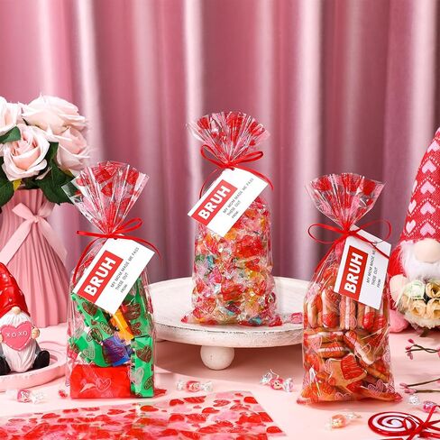 AmazingSpark 200 Pcs Valentine's Day Cellophane Treat Bags and 200 Bruh Gift Tags Funny Tween Valentines Bruh Cards Red Heart Plastic Gifts Bags and Ribbon for Brother School Classroom Exchange Gifts in Saudi Arabia