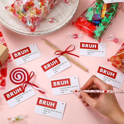 AmazingSpark 200 Pcs Valentine's Day Cellophane Treat Bags and 200 Bruh Gift Tags Funny Tween Valentines Bruh Cards Red Heart Plastic Gifts Bags and Ribbon for Brother School Classroom Exchange Gifts in Saudi Arabia