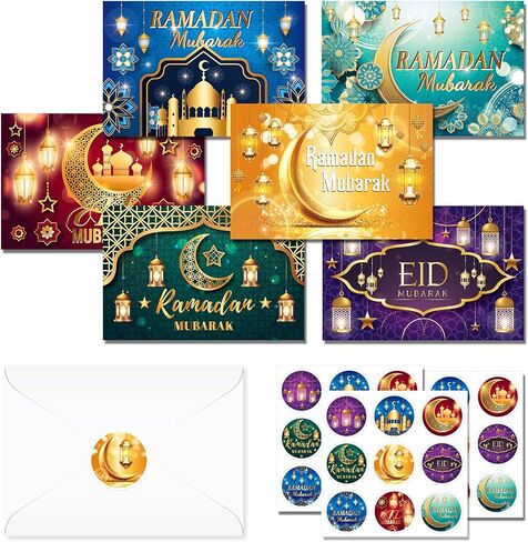 24 حزمة من بطاقات تهنئة رمضان مبارك وعيد مبارك مع مغلفات وملصقات - 6 أنماط من بطاقات المهرجانات الإسلامية لتقديم هدايا عيد الفطر، هدايا الحفلات الإسلامية، احتفال رمضان، 7.9x5.9 بوصة in Kuwait