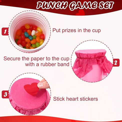 50 Pcs Valentine's Day Punch Game Set Red Pink Tissue Paper Rubber Band Plastic Cup Sticker DIY Prize Punch Box Game for Wedding Anniversary Family Party Supplies in Saudi Arabia