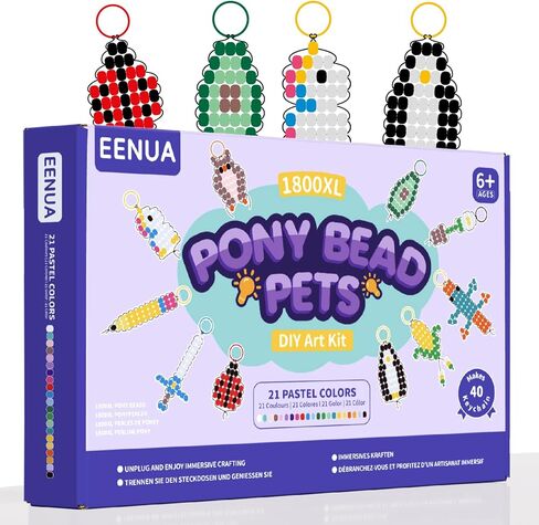 مجموعة صنع سلسلة المفاتيح من Eenua Pony Bead Pets 1800 خرزة في 21 لونًا و40 تصميمًا ممتعًا مجموعة حرفية يدوية مع سلاسل المفاتيح صندوق تخزين الحبل المرن مثالي لعيد الميلاد وهدايا حفلات أعياد الميلاد للمبتدئين in Saudi Arabia