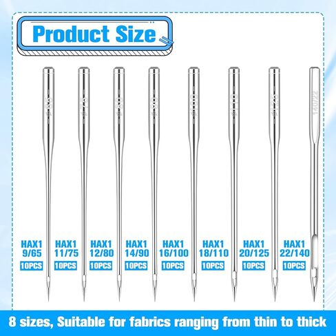 80 Pcs Universal Sewing Machine Needles 8 Sizes 65/9 75/11 80/12 90/14 100/16 110/18 125/20 140/22 Heavy Duty Sewing Machine Needle Sewings Machines Supplies for Light to Heavy Fabrics Embroidery in Saudi Arabia
