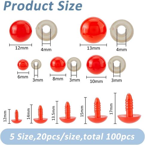 SUPERFINDINGS 100Pcs 5 Sizes Safety Eyes 6mm~13.5mm Crochet Red Doll Eyes Round Craft Crochet Eye with Washers Plastic Stuffed Animal Eye for DIY Puppet Bear Plush Animal Amigurumi in Saudi Arabia