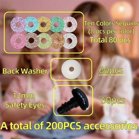 200 قطعة من عيون السلامة 12 مم من Hukiwow مع غسالات وترتر 12 مم من البلاستيك الملون لحيوانات الكروشيه من أجل دمى الدببة والحرف اليدوية لتزيين الحيوانات (10 ألوان) in Kuwait