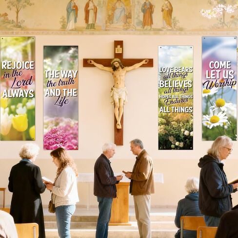 chiazllta 4 Pcs Spring Church Banners for Sanctuary Wall Spring Religious Hanging Backdrop Christian Bible Verse Banner Floral Flowers Inspirational Porch Signs for Sunday School Classroom Decorations in Saudi Arabia