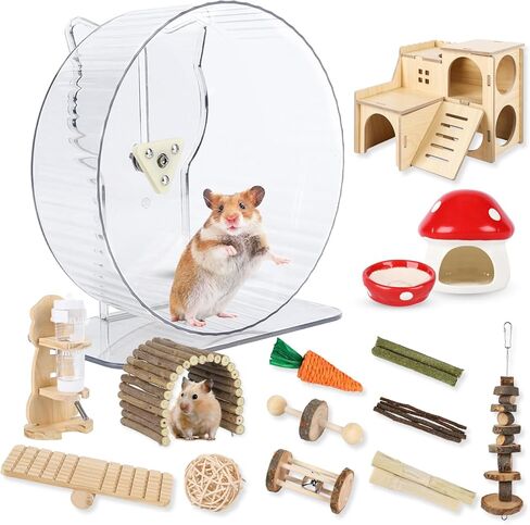 21 Pcs Hamster Cage Accessories, 9.5 inch Silent Hamster Wheel,15 Chew Toys Set, Ceramic Hideout with Food Bowl, Maze Wood House and Water Bottle Set for Small Animals Habitat in Saudi Arabia