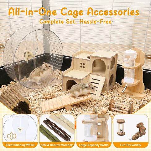 21 Pcs Hamster Cage Accessories, 9.5 inch Silent Hamster Wheel,15 Chew Toys Set, Ceramic Hideout with Food Bowl, Maze Wood House and Water Bottle Set for Small Animals Habitat in Saudi Arabia