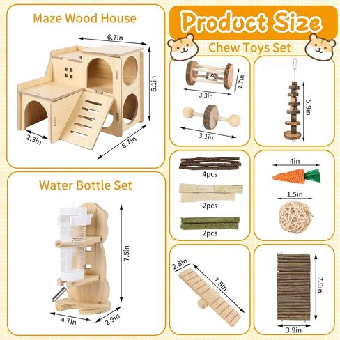 21 Pcs Hamster Cage Accessories, 9.5 inch Silent Hamster Wheel,15 Chew Toys Set, Ceramic Hideout with Food Bowl, Maze Wood House and Water Bottle Set for Small Animals Habitat in Saudi Arabia