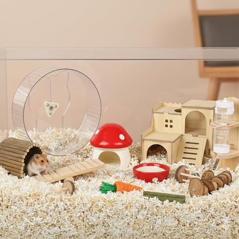21 Pcs Hamster Cage Accessories, 9.5 inch Silent Hamster Wheel,15 Chew Toys Set, Ceramic Hideout with Food Bowl, Maze Wood House and Water Bottle Set for Small Animals Habitat in Saudi Arabia