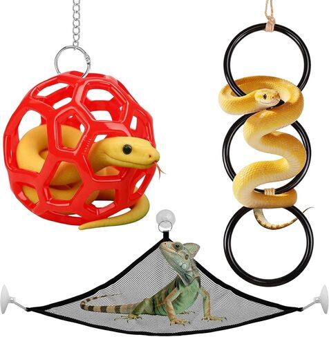 Hysagtek Ball Python Tank Accessory - 3 Pcs Snake Enrichment Toys Ball with Hammock and Climbing Rings, Jungle Gym Ball with Chain, Reptiles Climbing Toy Hammock Snakes Tank Accessories in Kuwait
