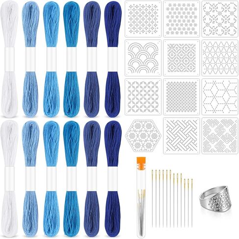 37 Pcs Sashiko Thread Kit Sashiko Needles Cotton Thimble Sashiko Patterns Embroidery Projects for Sewing Hand Quilting Mending Supplies in Saudi Arabia