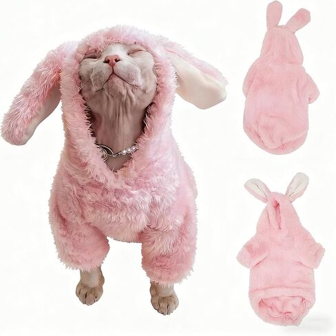 Stretchy Fuzzy 2-Leg Cat Hoodie Pajamas for Sphynx,Soft Fluffy Loungewear with Bunny Ears, Cozy Home Clothes for Hairless Cats, Winter Warm Outfit Sweater (Blue, L (5.5-8 lbs)) in Saudi Arabia