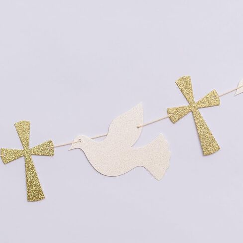 Christening Dove and Cross Banner - God Bless Easter Party Gold Glitter Decoration Garland, Fist Holy Communion Baby Shower Decor (god Bless Banner) in Saudi Arabia