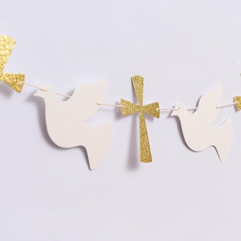 Christening Dove and Cross Banner - God Bless Easter Party Gold Glitter Decoration Garland, Fist Holy Communion Baby Shower Decor (god Bless Banner) in Saudi Arabia