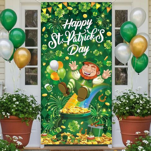 St Patricks Day Door Cover Decorations Happy St Patricks Day Banner 71x35in Lucky Irish Green Shamrock Front Door Banner Outdoor Indoor Saint Patrick's Backdrop Background Party Supplies (Green Four-leaf) in Saudi Arabia