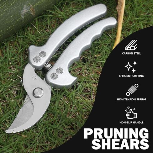 8.5-Inch Silver Professional Garden Pruning Shears - Spring-Loaded Stainless Steel Scissors with Safety Lock & Non-Slip Grip, Curved Blade Effortlessly Cuts Branches, Durable Gardening Tool in Saudi Arabia