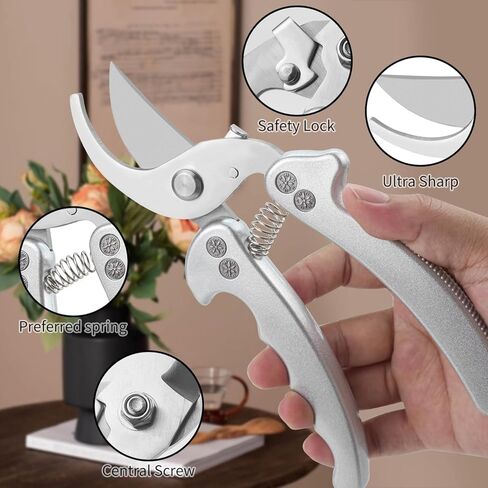 8.5-Inch Silver Professional Garden Pruning Shears - Spring-Loaded Stainless Steel Scissors with Safety Lock & Non-Slip Grip, Curved Blade Effortlessly Cuts Branches, Durable Gardening Tool in Saudi Arabia