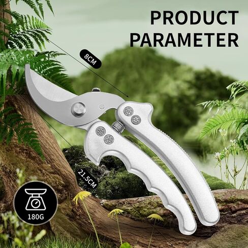 8.5-Inch Silver Professional Garden Pruning Shears - Spring-Loaded Stainless Steel Scissors with Safety Lock & Non-Slip Grip, Curved Blade Effortlessly Cuts Branches, Durable Gardening Tool in Saudi Arabia