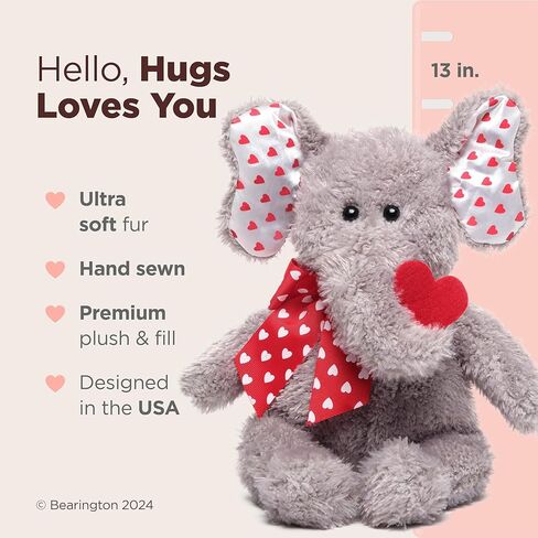 Bearington Hugh Loves You Elephant Stuffed Animal - 13" Cuddly Valentines Stuffed Animal with Soft Grey Fur and Heart Details - Adorable Elephant Valentines Day Gift for Kids, Babies, and Loved Ones in Saudi Arabia