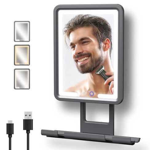 Rocollos Fogless Shower Mirror for Shaving, 3 Color LED Lighting Dimmable, Anti-Fog Heating in Minutes, 360° Bathroom Shower Mirror with Rechargeable 5000mAh Battery, Large Storage, Wiper-Black01 in Saudi Arabia