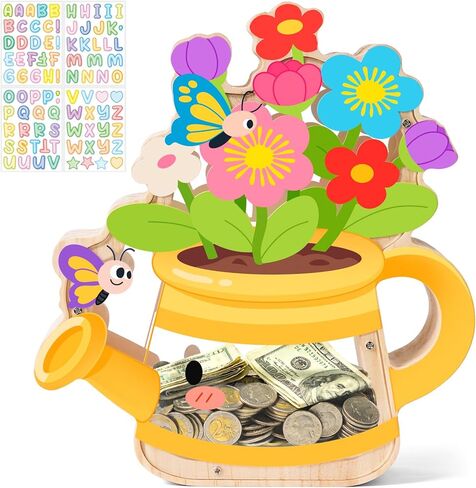 Rainbow Piggy Bank for Kids, Rainbow Wooden Piggy Bank Girls with Acrylic Panels, Unbreakable Toddler Money Box for Girls Boys, DIY Kids Safe Coin Box with Stickers, Easter, Birthday Gifts in Kuwait