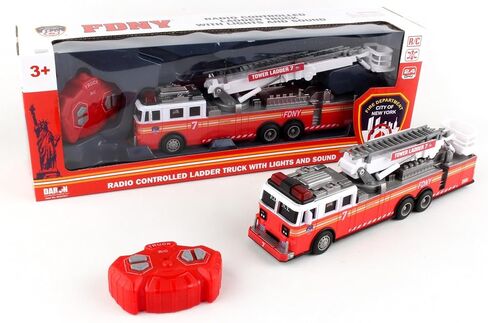 شاحنة سلم بتحكم لاسلكي من دارون FDNY - لعبة شاحنة إطفاء مرخصة رسميًا من نيويورك RC مع أضواء وأصوات - سلم دوار قابل للتمديد - للأطفال من سن 3 سنوات فما فوق in Kuwait