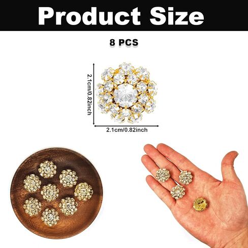 8PCS Rhinestone Button Covers, 0.83in Gold Crystal Decorative Clip-On Buttons, Detachable No Sew Button for Women Blouses, Dresses & DIY Crafts Embellishments Replacement in Saudi Arabia