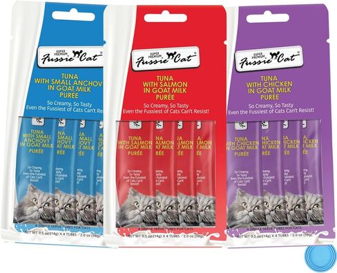 Fussie Cat Premium Puree Lickable Cat Treats in Goat Milk, Tuna Variety Flavor Pack, 3 Packs of 4-0.5oz Tubes,(12 Total Tubes) Variety Tuna Flavor Pack of 3 Flavors + Lid in Saudi Arabia