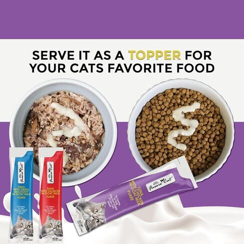 Fussie Cat Premium Puree Lickable Cat Treats in Goat Milk, Tuna Variety Flavor Pack, 3 Packs of 4-0.5oz Tubes,(12 Total Tubes) Variety Tuna Flavor Pack of 3 Flavors + Lid in Saudi Arabia
